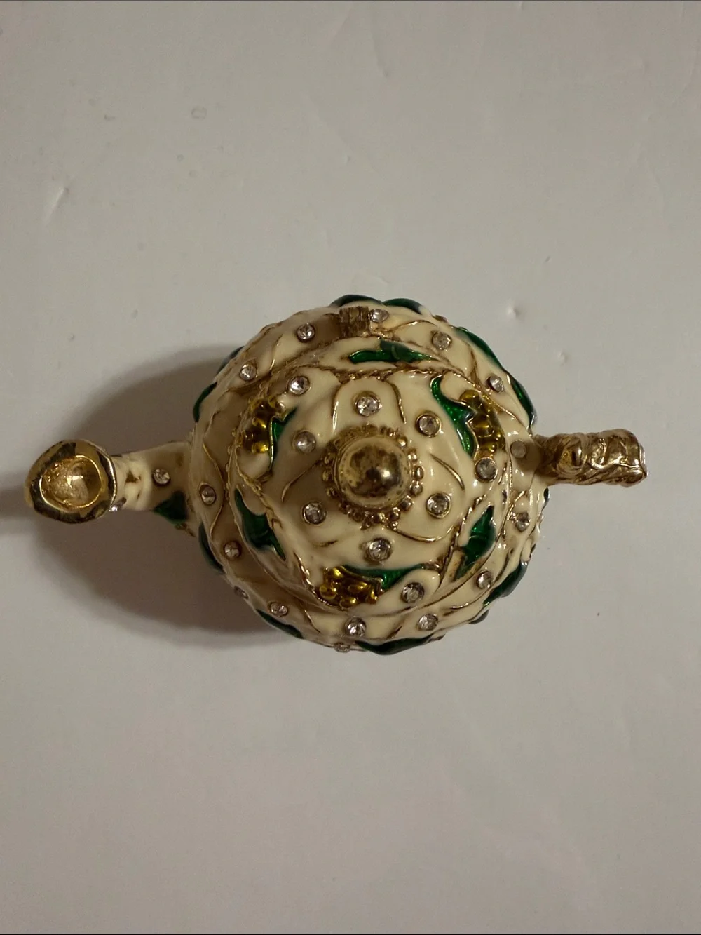 Ornate Decorative Teapot Accent with Green Leaf Detailing Trinket Box